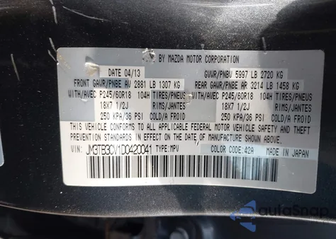 2013 Mazda Cx-9 Touring z USA, uszkodzony, nr VIN JM3TB3CV1D0420041